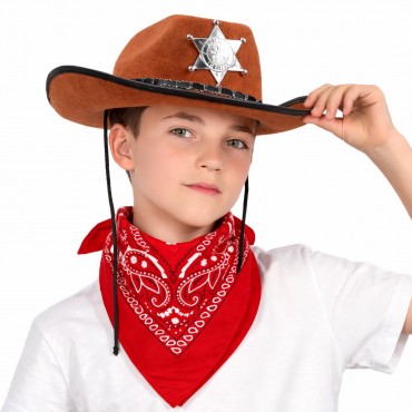 Çocuk Kovboy Şapka Rozetli Kahverengi ve Kırmızı Bandana Seti