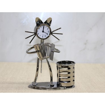 Metal Akordiyon Çalan Müzisyen Kedi Saat Ve Kalemlik 