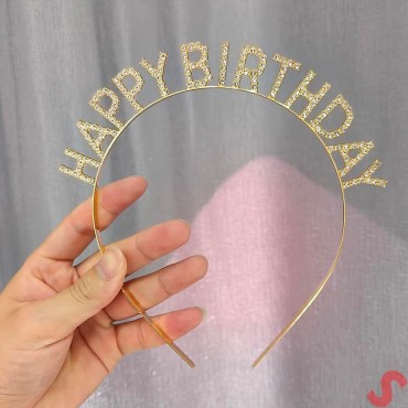 Altın Gold Renk Kristal Taşlı Parlak Happy Birthday Taç