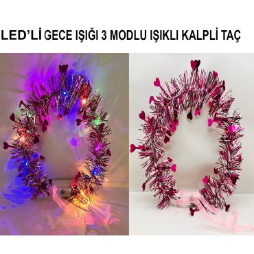 Kalp Püsküllü 3 Modlu LED Işıklı Taç Fuşya Renk