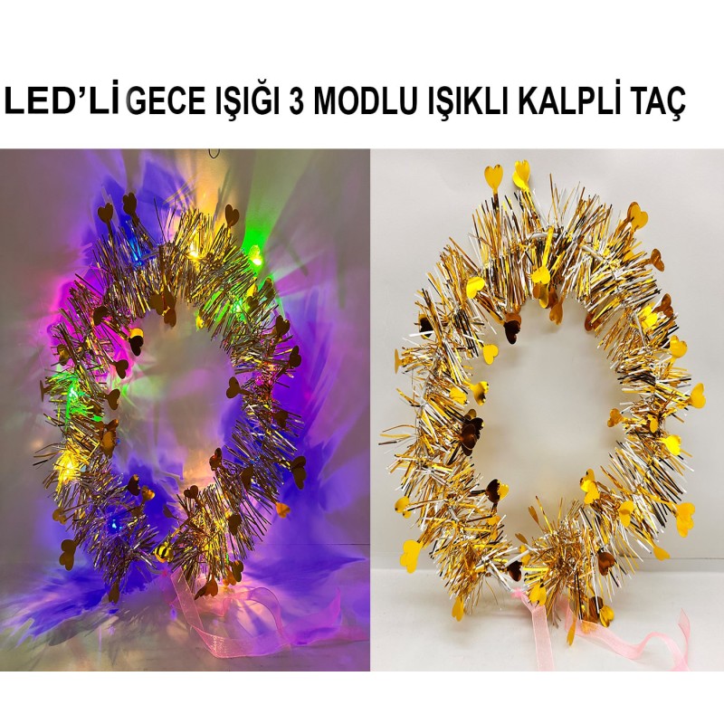 Kalp Püsküllü 3 Modlu LED Işıklı Taç Altın Renk