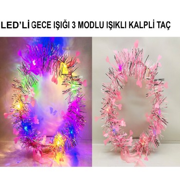 Kalp Püsküllü 3 Modlu LED Işıklı Taç Pembe Renk