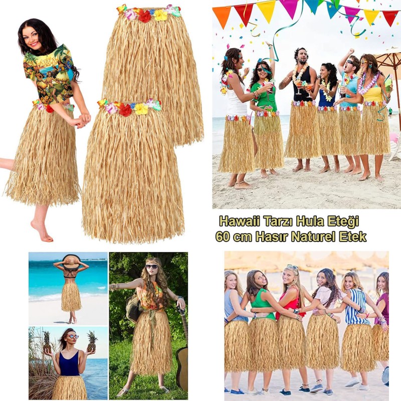 Hawaii Tarzı Hula Eteği – 60 cm Hasır Natural Etek