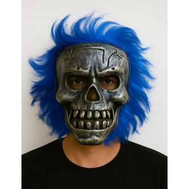 Wild Skull - Gümüş Kafatası Mavi Saçlı İskelet Maske