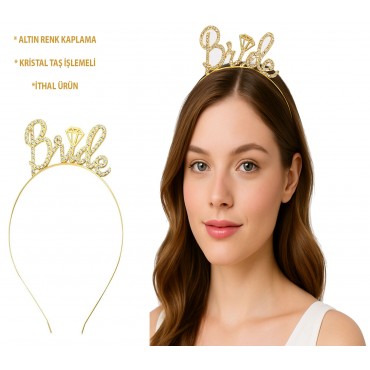 Altın Renkli Taşlı “Bride” Gelin Tacı