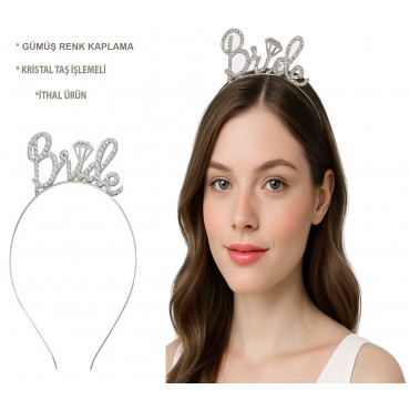 Gümüş Renkli Taşlı “Bride” Gelin Tacı