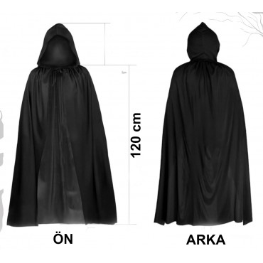 Siyah Uzun Pelerin 120 cm Kapüşonlu