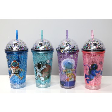 Sevimli Astronot Pipetli Işıklı Pullu Suluk Bardak 400 ml