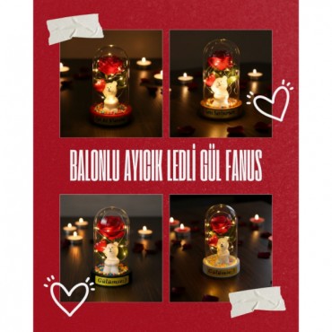 Balonlu Ayıcık Ledli Gül Fanus 