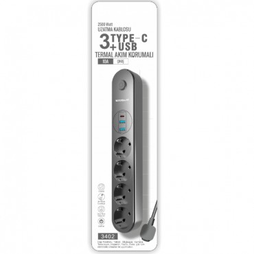 Termal Akım Korumalı 4 Prizli USB Girişli Uzatma Kablosu 